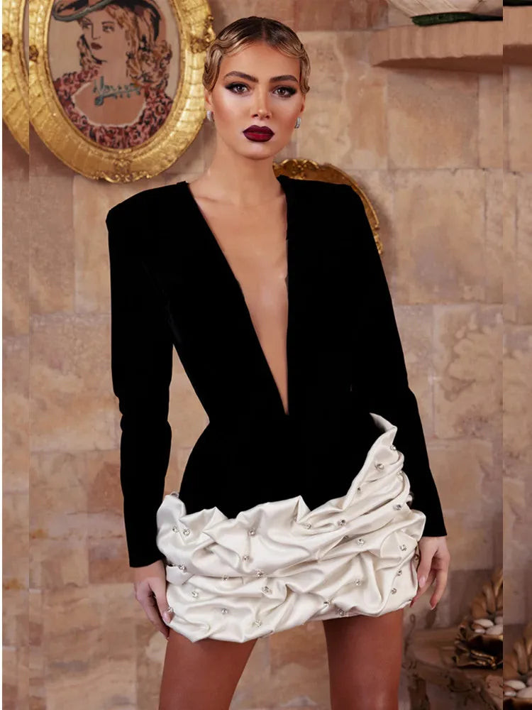 Women Winter Celebrity Sexy Long Sleeve Diamonds Beading Black Mini Bodycon Bandage Dress 2025 Elegant Evening Club Party Dress