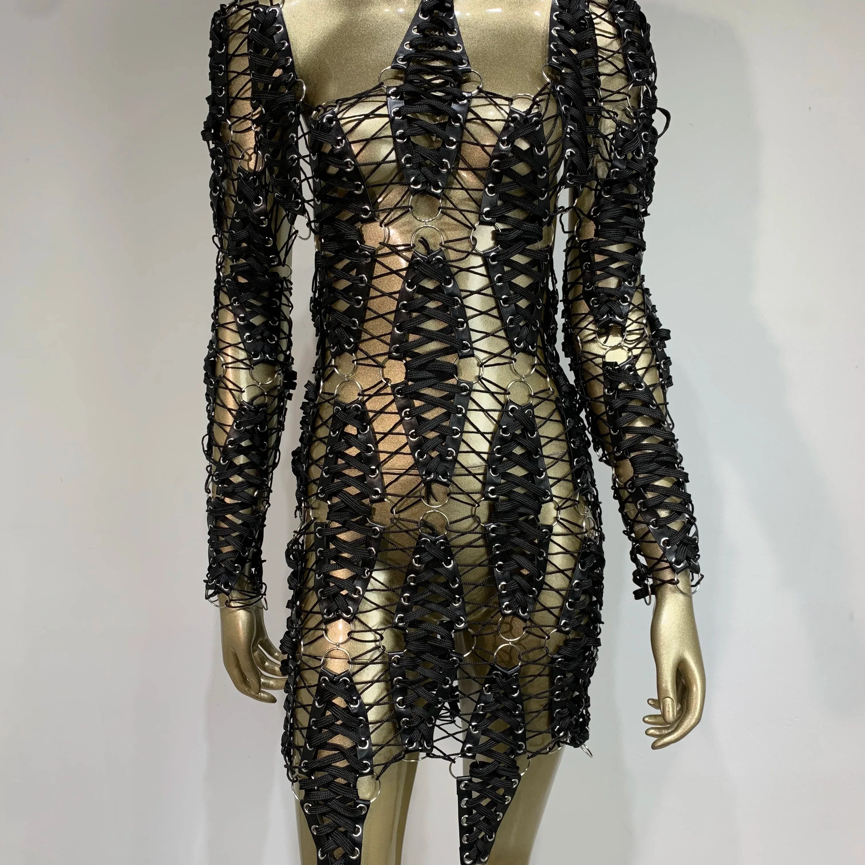 Sexy Long Sleeve Hollow Out Black Mini Laced Backless Women Celebrity Dress Elegant Party Evening Club Vestido