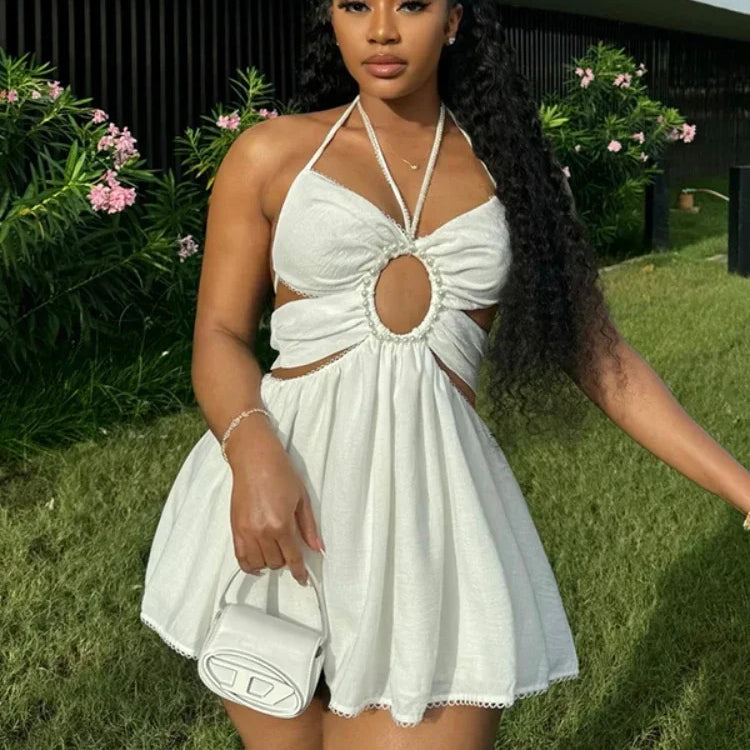CM.YAYA 2024 Women Halter Strap Sleeveless Mini A-Line Dress Sexy Beading Backless Streetwear Evening Night Club Party Dresses