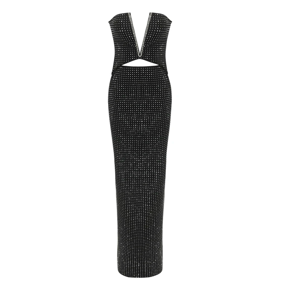VC Strapless V Neck Sparkling Diamonds Bandage Long Dress Women Black Sleeveless Backless Shiny Bodycon Celebrity Evening Gowns