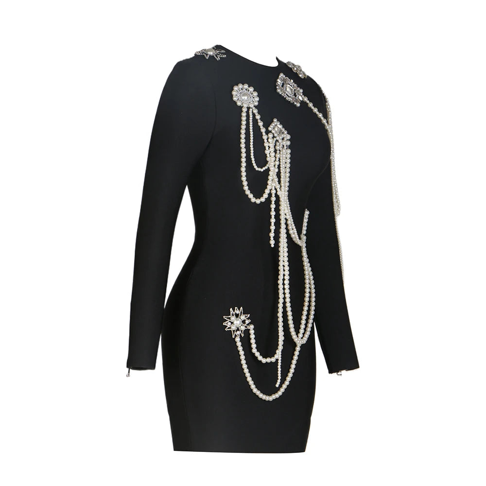 Spring Women Long Sleeve O-Neck Pearl Beading Bodycon Mini Dress Bandge Fashion Elegant Evening Party Dress Vestido