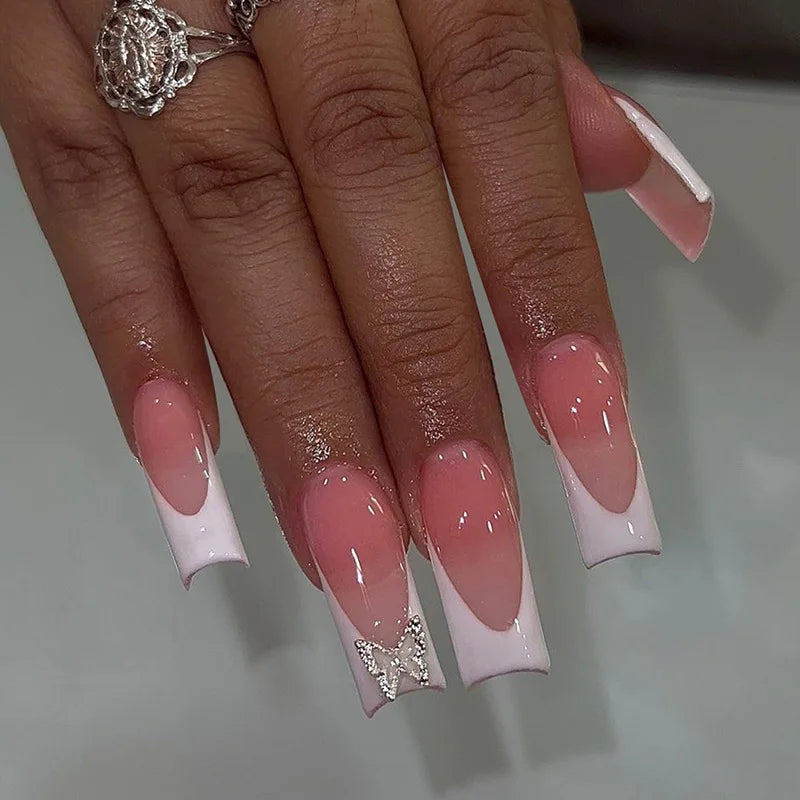 24pcs Leopard Print French False Nail Long Square Nails Sets Press on Cherry Red Design Fake Nails Tips Rhinestone Manicure Art