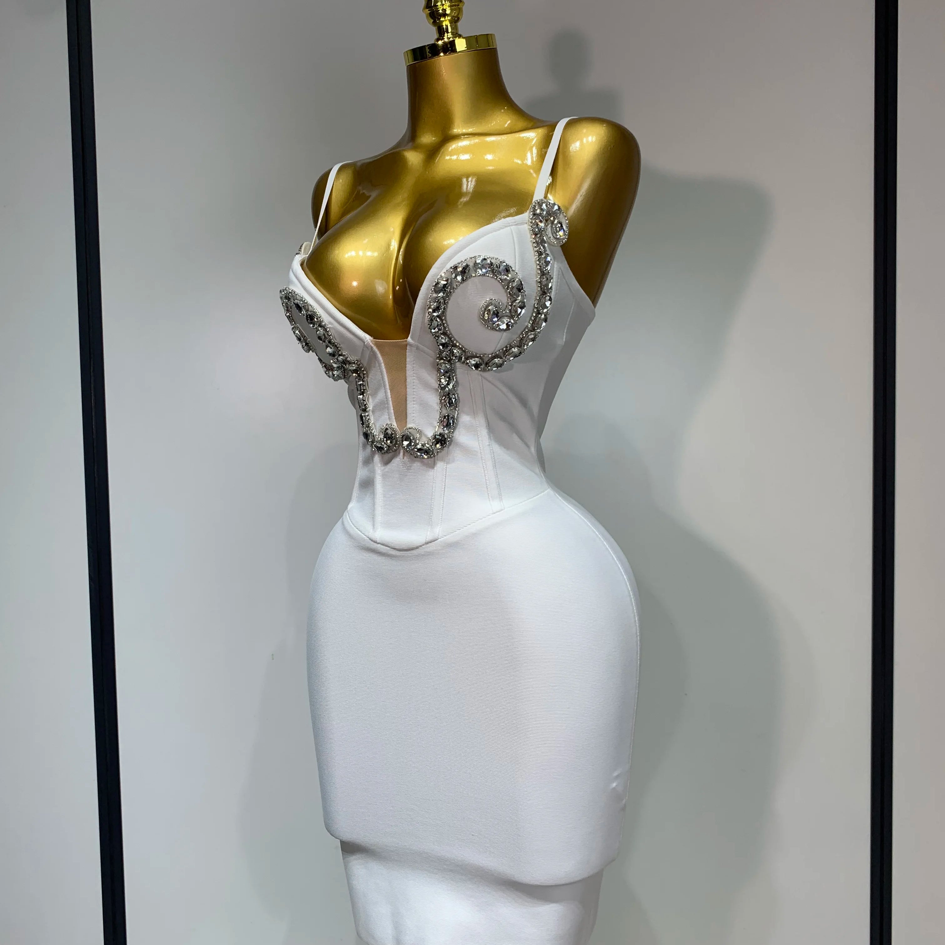 Women Sexy Spaghetti Strap V Neck Crystal Sleeveless Bandage Dress White Elegant Evening Party Cocktail  Luxury Birthday Gowns