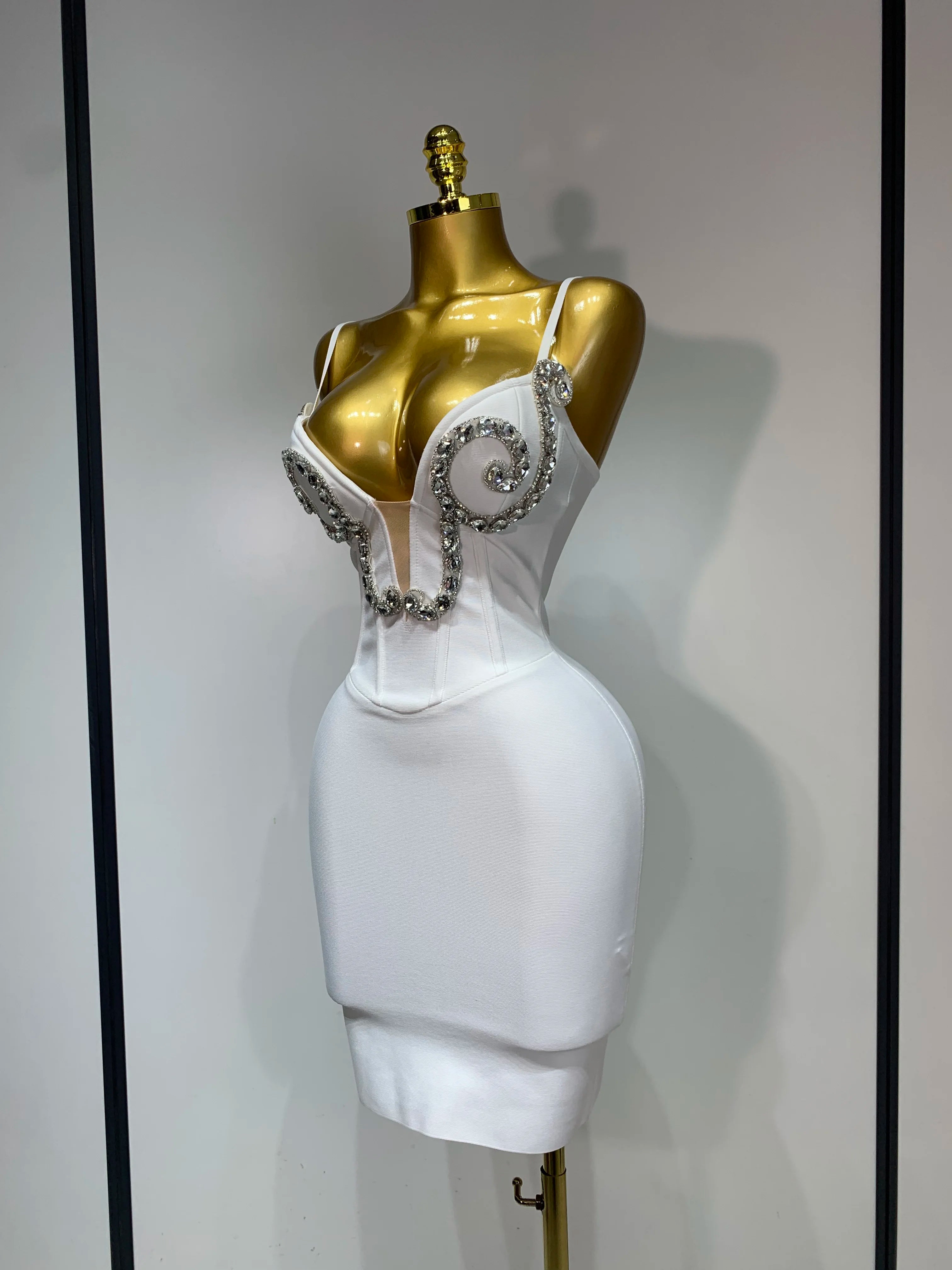 Women Sexy Spaghetti Strap V Neck Crystal Sleeveless Bandage Dress White Elegant Evening Party Cocktail  Luxury Birthday Gowns