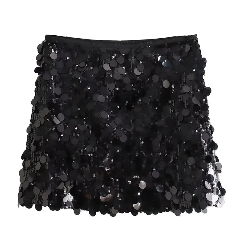 TRAFZA Women New Fashion Y2K Shiny Sequin Skirt Female Elegant High Waist Mini Skirts Casual Woman Sexy Chic Party Skirts black