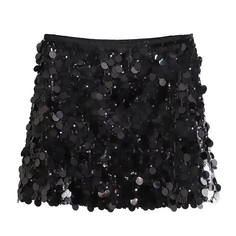 TRAFZA Women New Fashion Y2K Shiny Sequin Skirt Female Elegant High Waist Mini Skirts Casual Woman Sexy Chic Party Skirts black