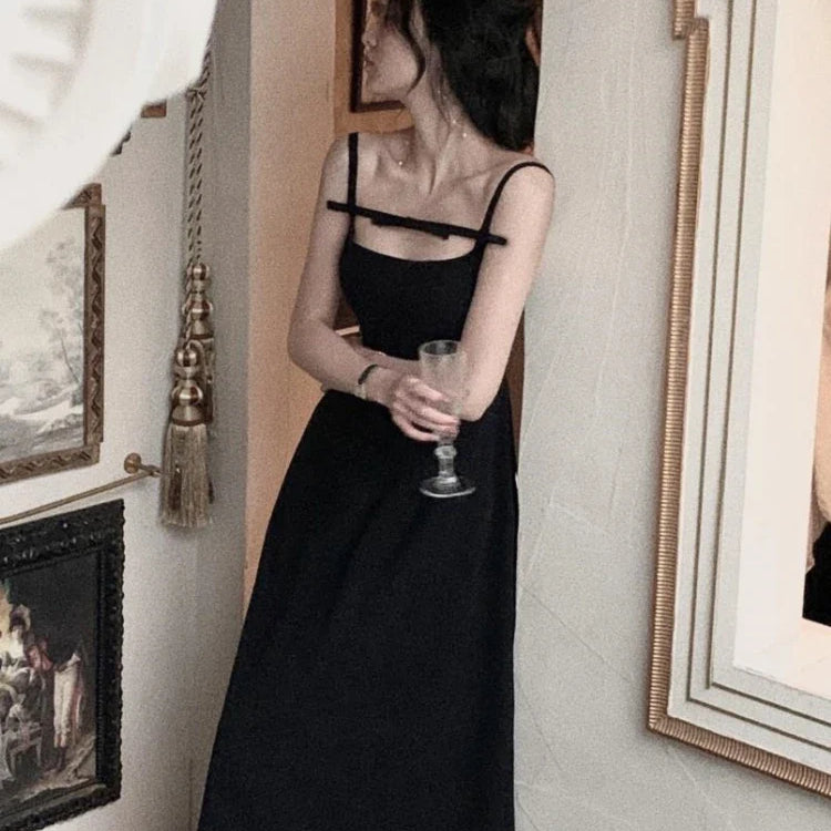 Y2K Summer Short Dress Women Solid Spaghetti Strap Evening Party Dresses Elegant Sleeveless Sexy A-line One Piece Vestido Mujer Black(Long)