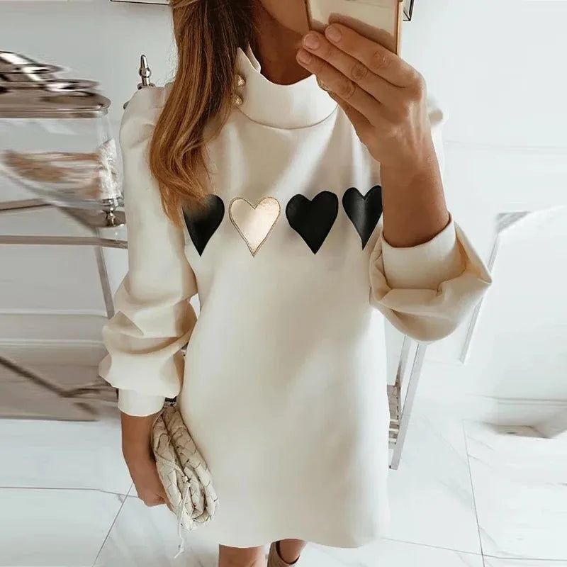Office Lady Dress Elegant Button Turtleneck Autumn Winter Dress Women New Fashion Sequins Long Sleeve A-Line Party Dress Vestido