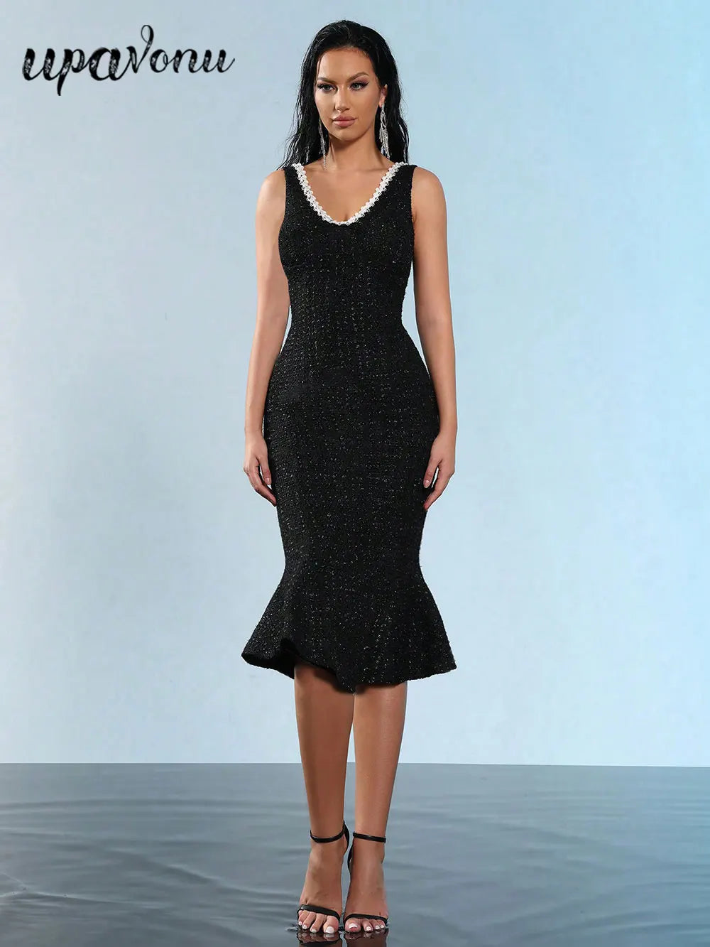 2025 Elegant Women's Nail Bead Design Fishtail Dress V-neck Sleeveless Bodycon Flute Dresses Cocktail Evening Party Vestidos