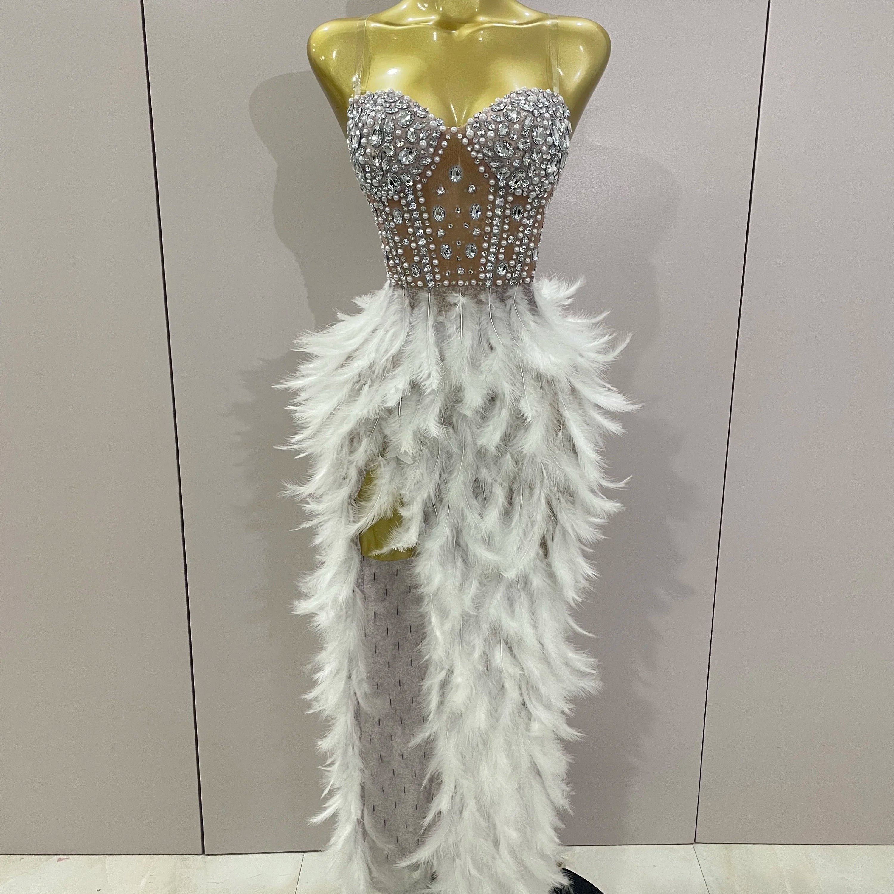 2025 Luxury Sparkle Rhinestone White Feather Sexy Mesh Long Dress Women Evening Party Birthday Performance Photoshoot Costume