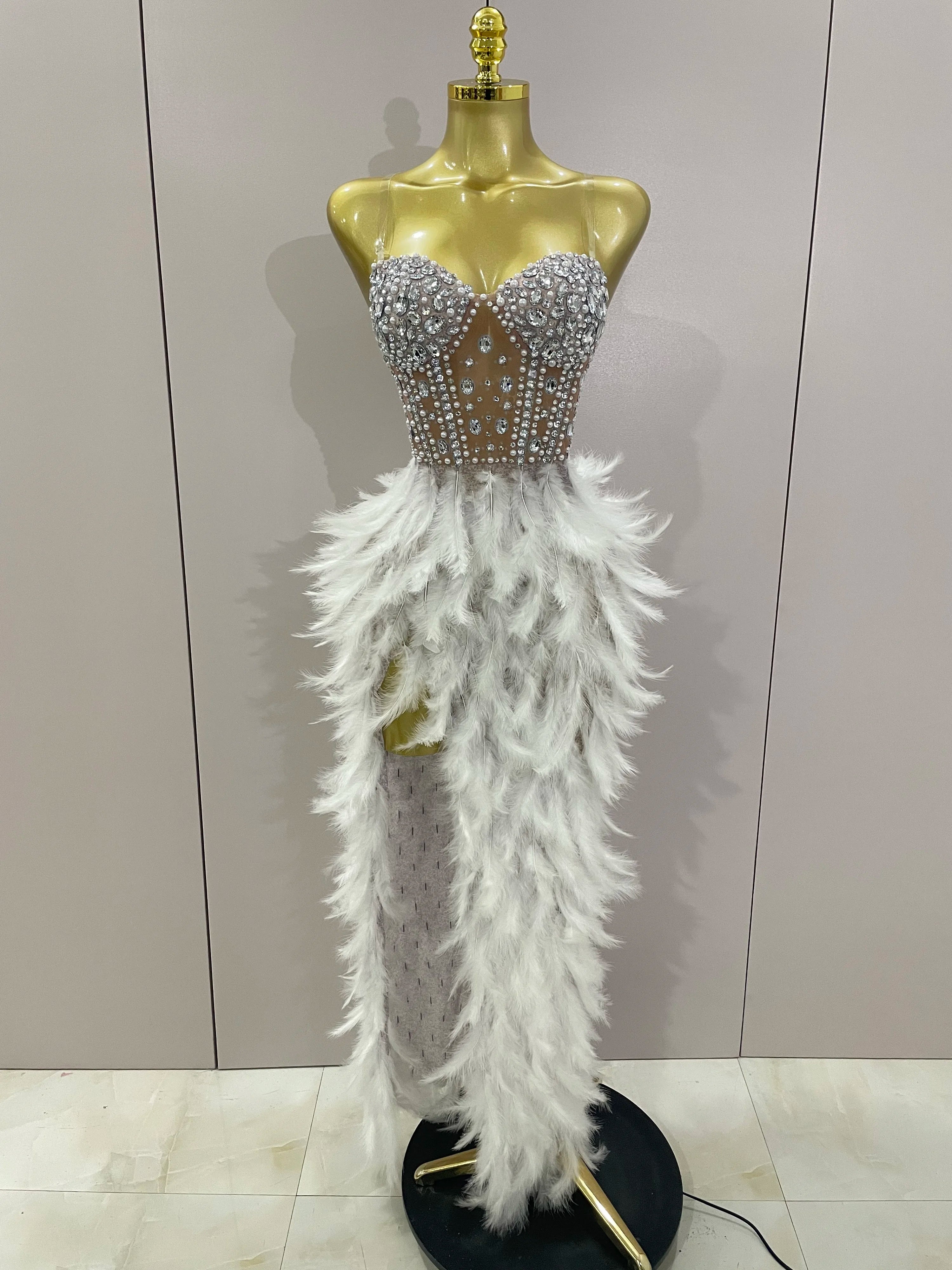 2025 Luxury Sparkle Rhinestone White Feather Sexy Mesh Long Dress Women Evening Party Birthday Performance Photoshoot Costume