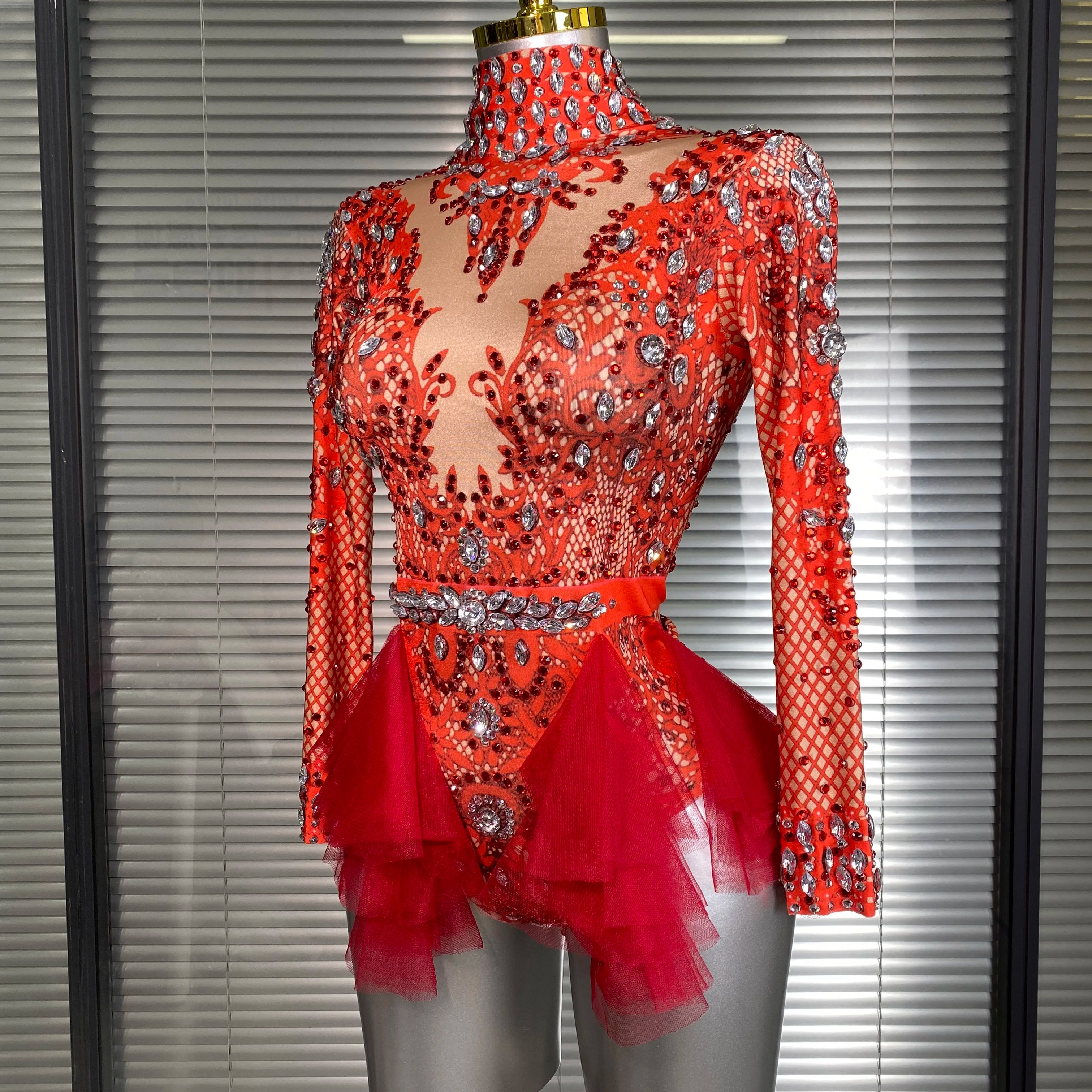 Summer New Women Sexy Skin Red Pink Crystal Stretchy Night Club Singer Dancer Tassel Dancer Stage Costume Party Bodysuit