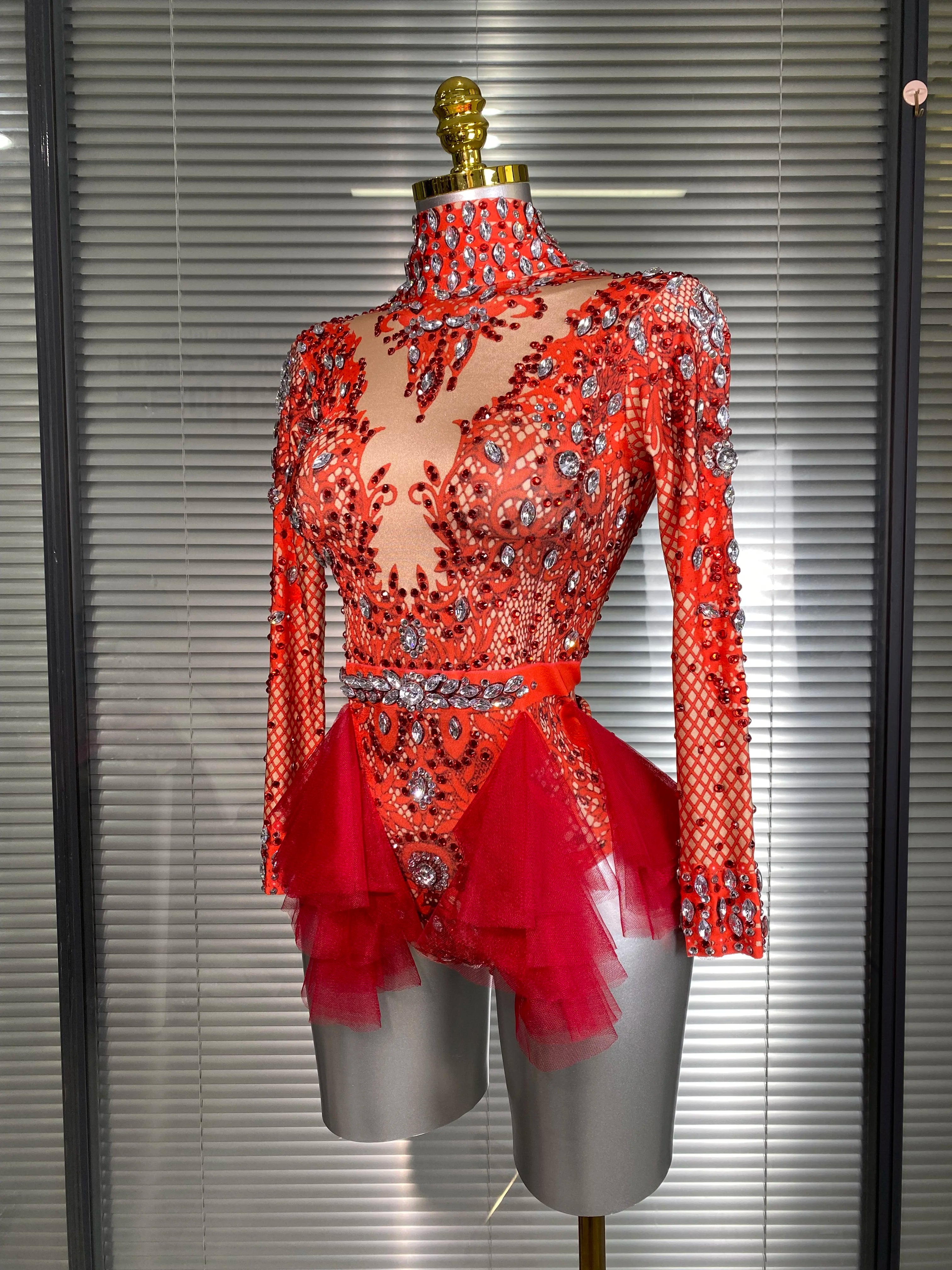 Summer New Women Sexy Skin Red Pink Crystal Stretchy Night Club Singer Dancer Tassel Dancer Stage Costume Party Bodysuit