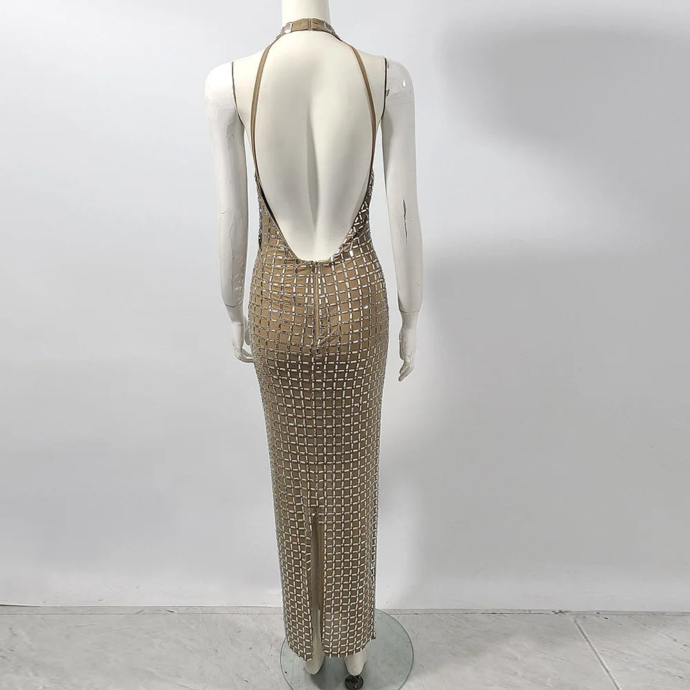 Super Sparkling Diamonds Sexy See Through Mesh V-Neck Sheath Ankel Length Dress Fashion Woman Party Dress Birthday Party Outfit