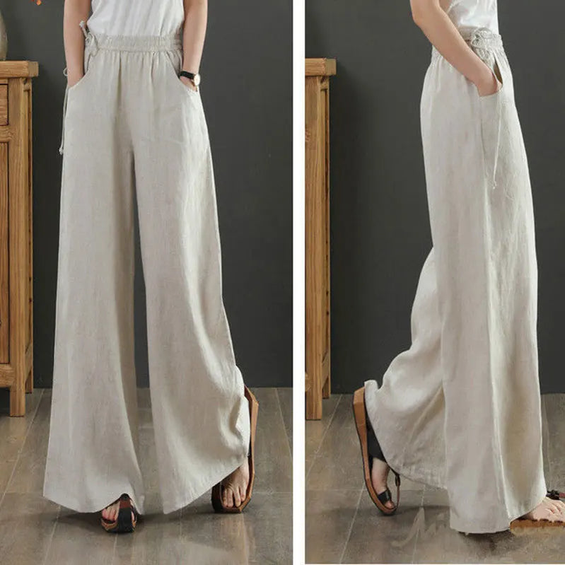 Cotton Linen Wide Leg Pants 4xl Big Size Trousers Women Summer Elastic Waist Casual Ankle-length Pantalones Baggy Sweatpant
