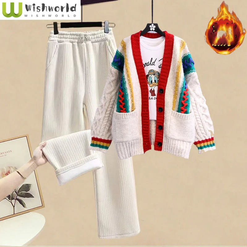 Estilo coreano moda camisola de malha jaqueta de pelúcia engrossado calças de perna larga duas peças elegantes calças femininas definir roupas de inverno 