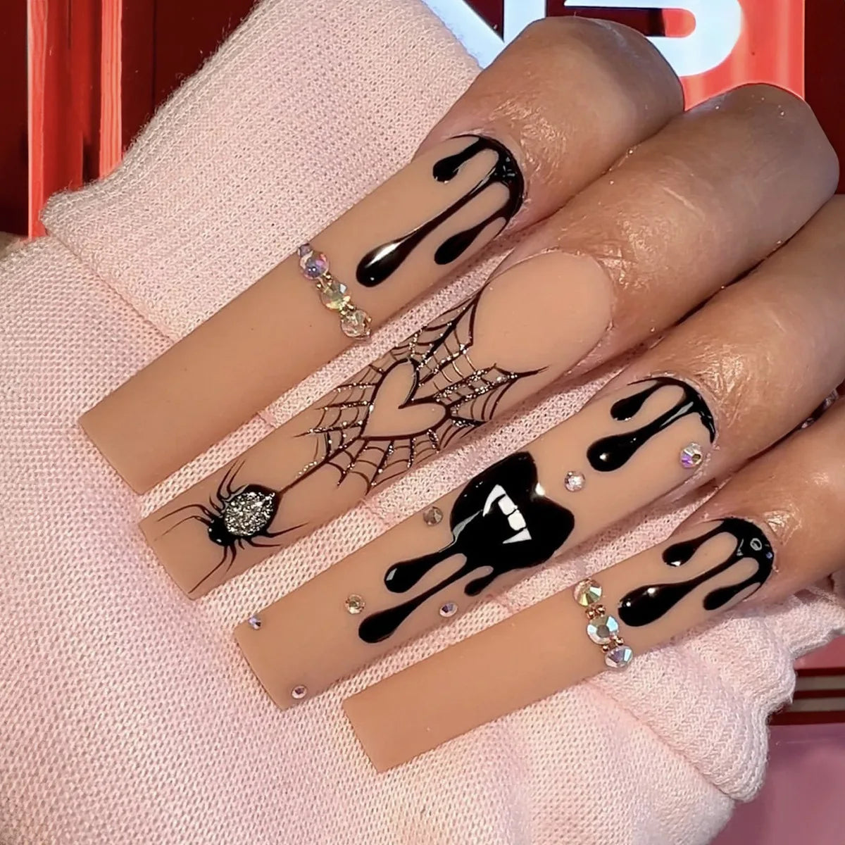 24pcs Scary Blood Skull Fake Nails Long Coffin Ballet Halloween Spider Web Print False Nails Wearable European Press on Nails