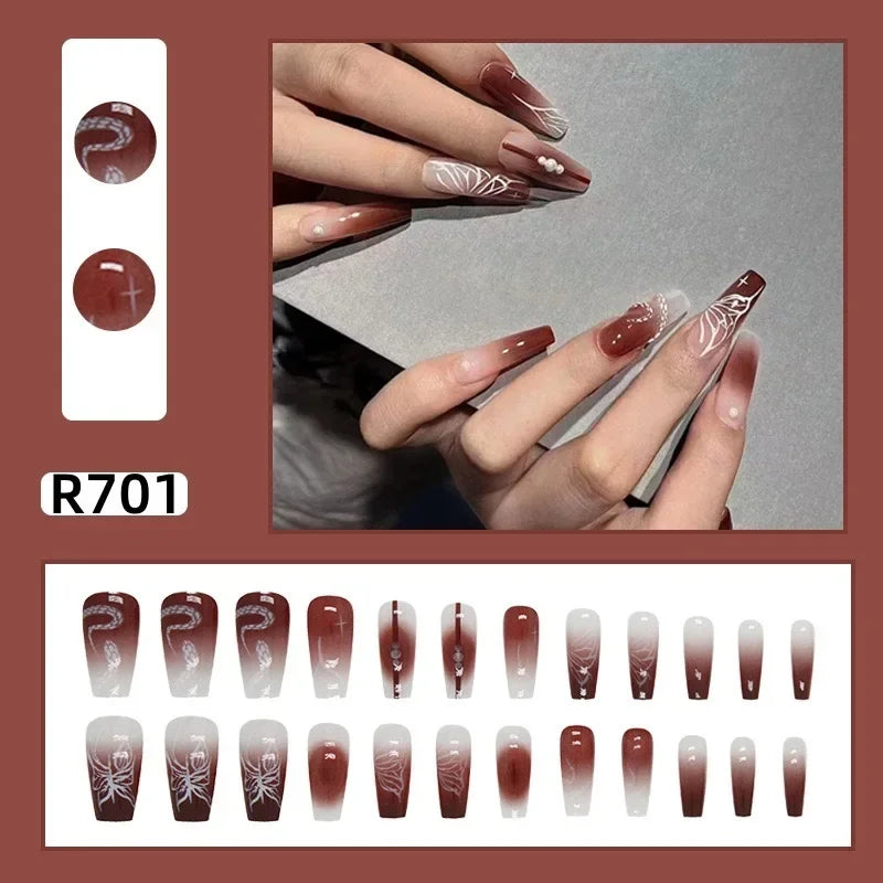 24Pcs/set French Gold Border Nail Elegant&Trendy Wearable Nails for Women Girl New Edition Removable Nail