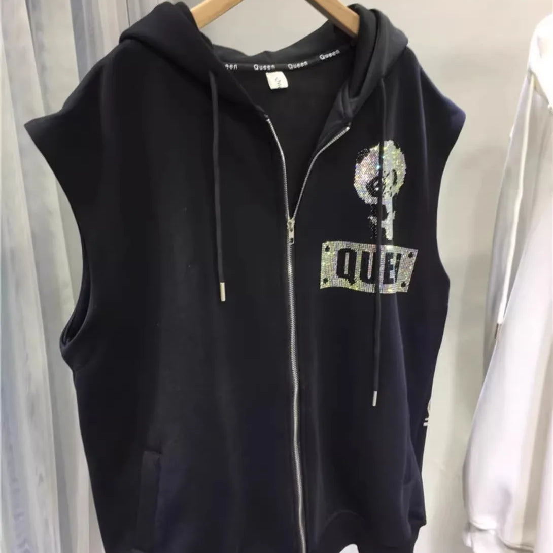 Plus Size Animal Letter Stamping Diamond Women's Jackets Sleeveless Hooded Fashion New Coat Vest Autumn Winter Female Cardigan