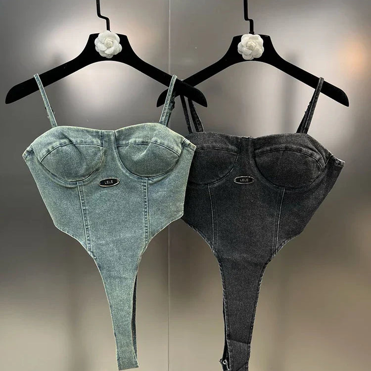 DEAT Sexy Strapless Jumpsuit Vintage Off Shoulder Denim Sling Women Solid Color Streetwear Personality Tops Spring 11XX2290