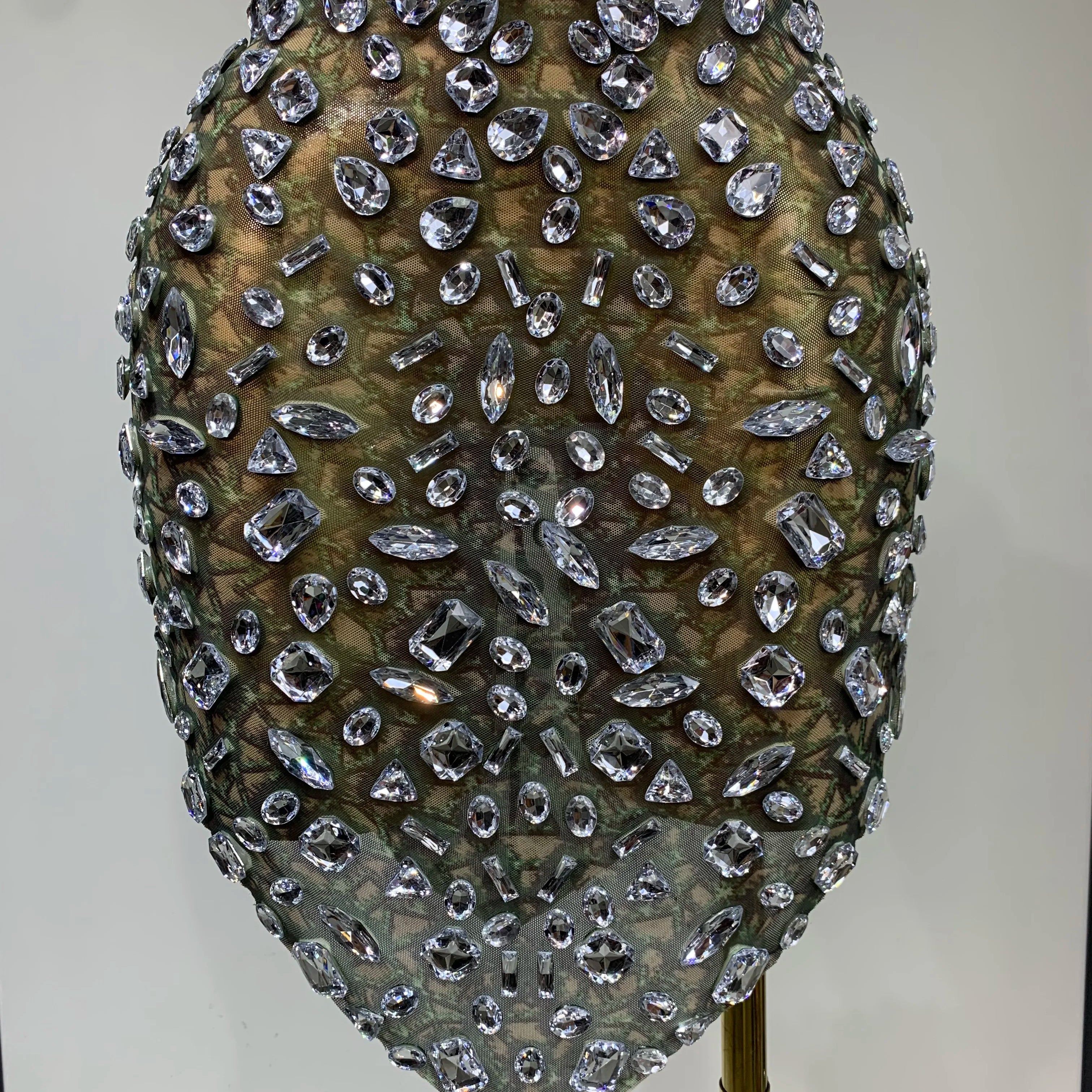 Luxury Diamond Mesh See Through Stretch Bodycon Dress Women Sexy Sleeveless Evening Party Birthday Celebrate Perform Costume