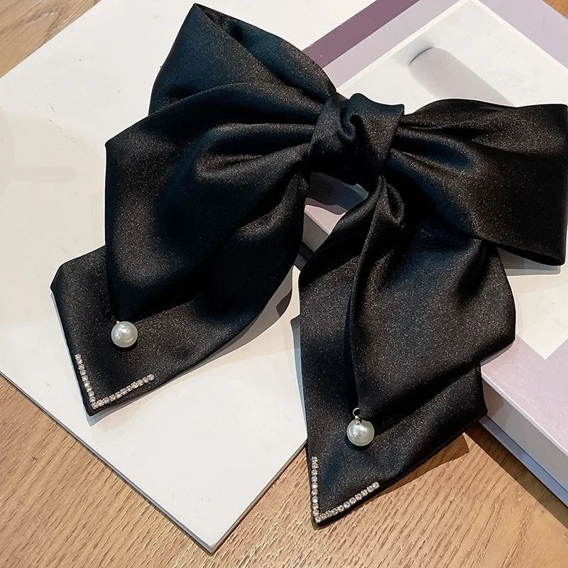 Koean Ribbon Pearl Bow Hair Clips for Women Accessories Rhinestone Pin Bows Barrette Headwear Luxulry Jewelry Black