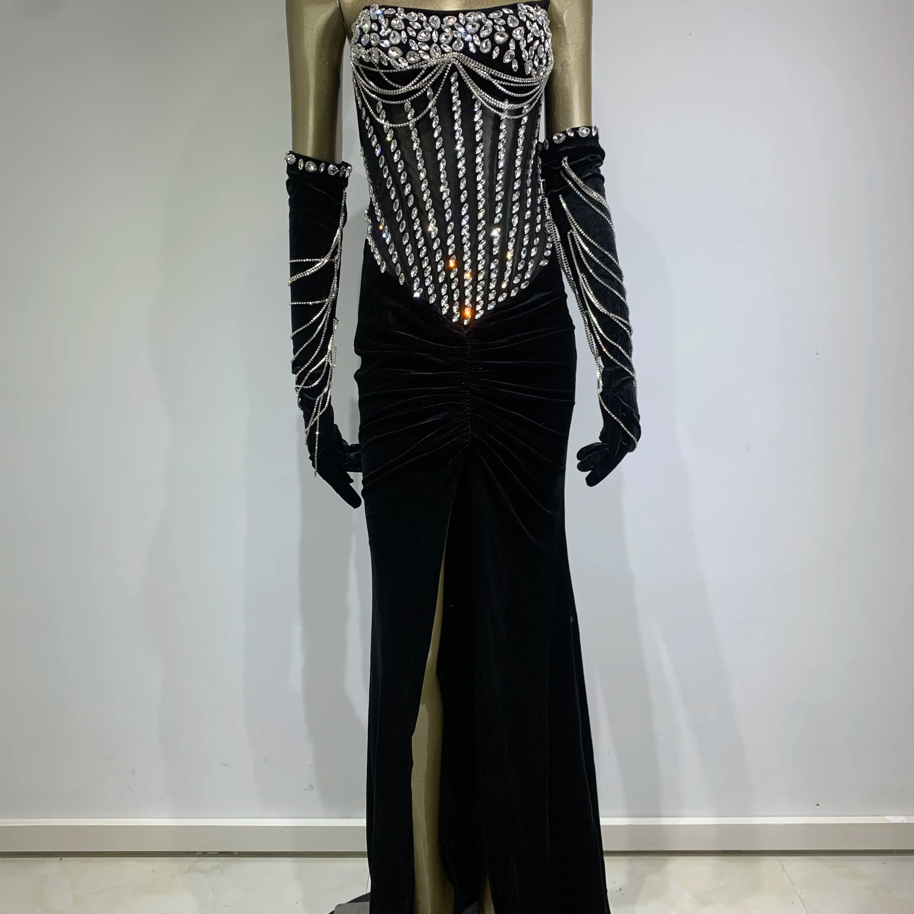 Women Luxury Sexy Strapless Beading Diamonds Black Maxi Long Dress 2024 Elegant Party Evening Stage Performance Dress Vestido