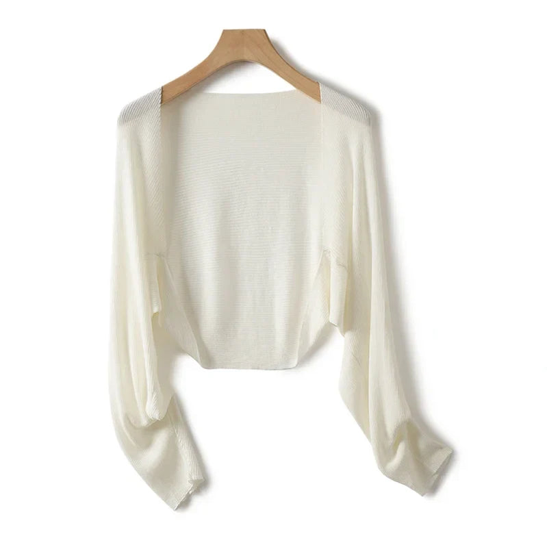 Linen "Ice Silk" Women Sun Protection Cover Ups Long Sleeve Knitted Shawl Thin Summer Relax Cardigan Cape Outerwear Shirt Loose White Onesize (M)