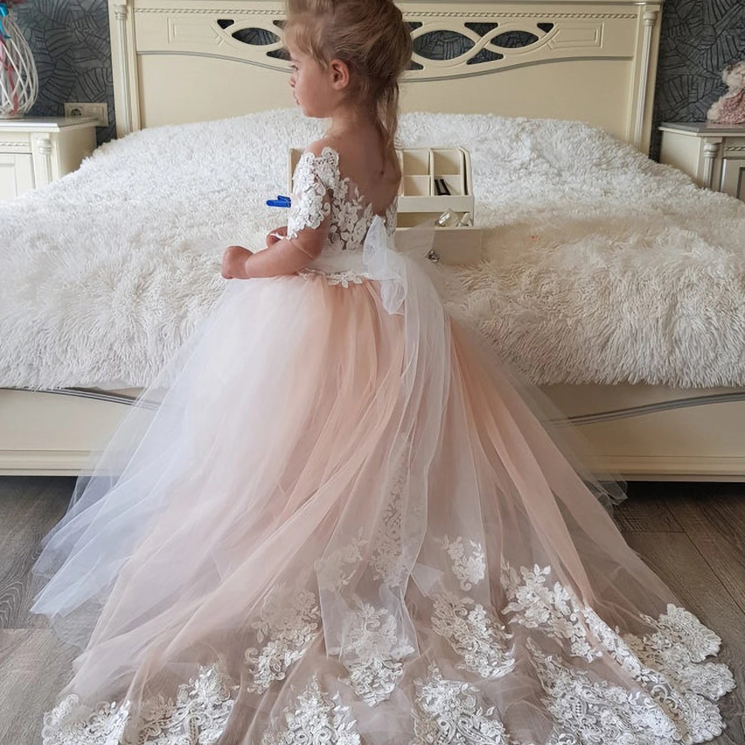2-14 Years Lace Tulle Flower Girls Dress Princess for Kid Child Wedding Party Junior bridesmaid Maxi Ball Gown Evening