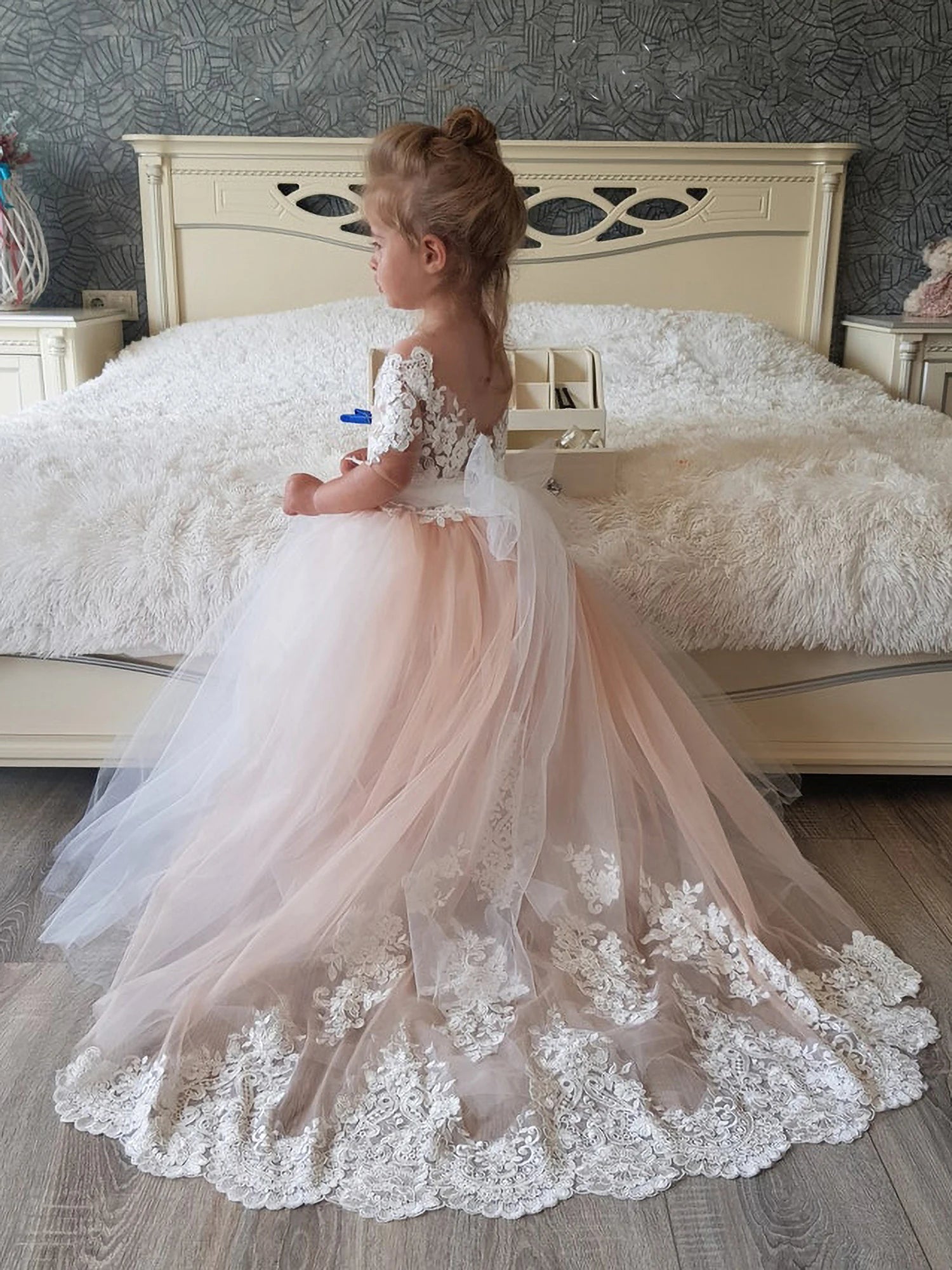 2-14 Years Lace Tulle Flower Girls Dress Princess for Kid Child Wedding Party Junior bridesmaid Maxi Ball Gown Evening