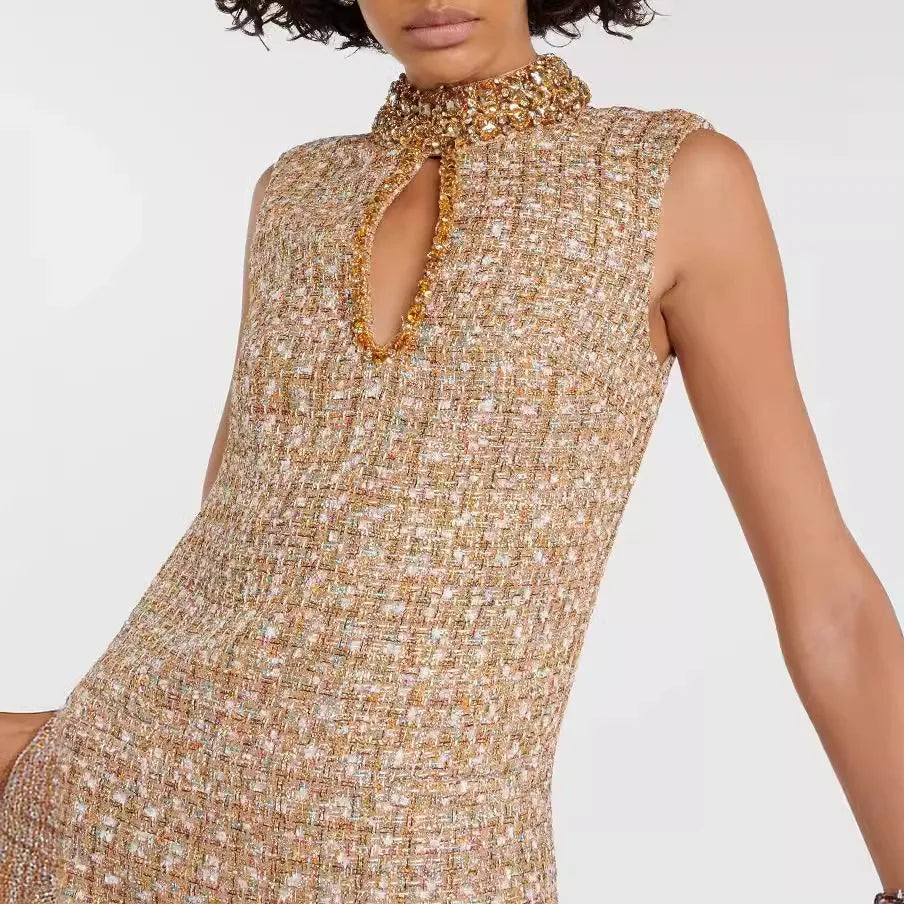 Spring Summer Tweed Mini Dress Women Heavy Industry Beading Luxury Stand Collar Diamonds Hollow Out Short Vestidos F286
