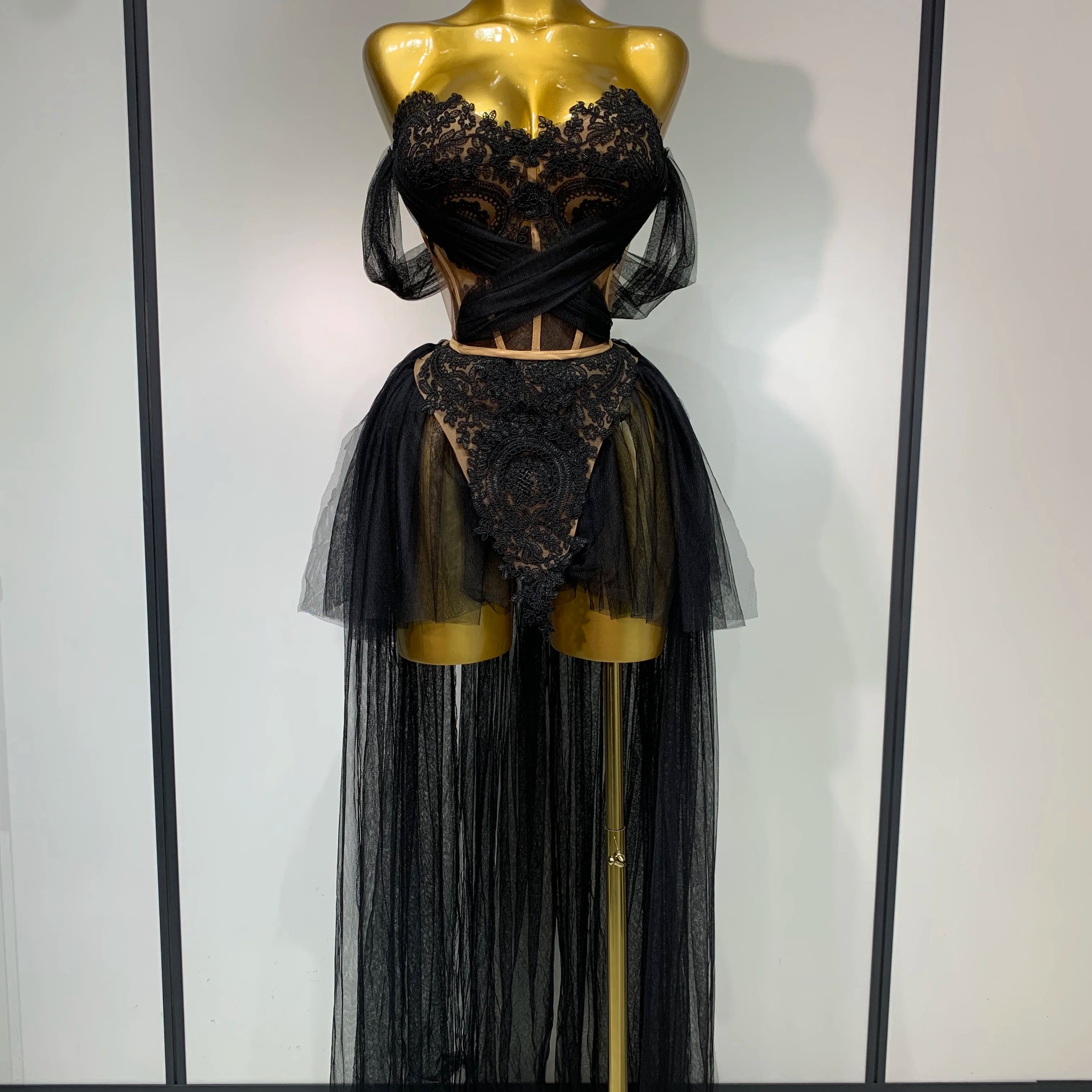 Sexy Backless Mesh Top Skirt Two Pieces Set Celebrate Festival Performance Costume Luxury Birthday Evening Party Design Dress