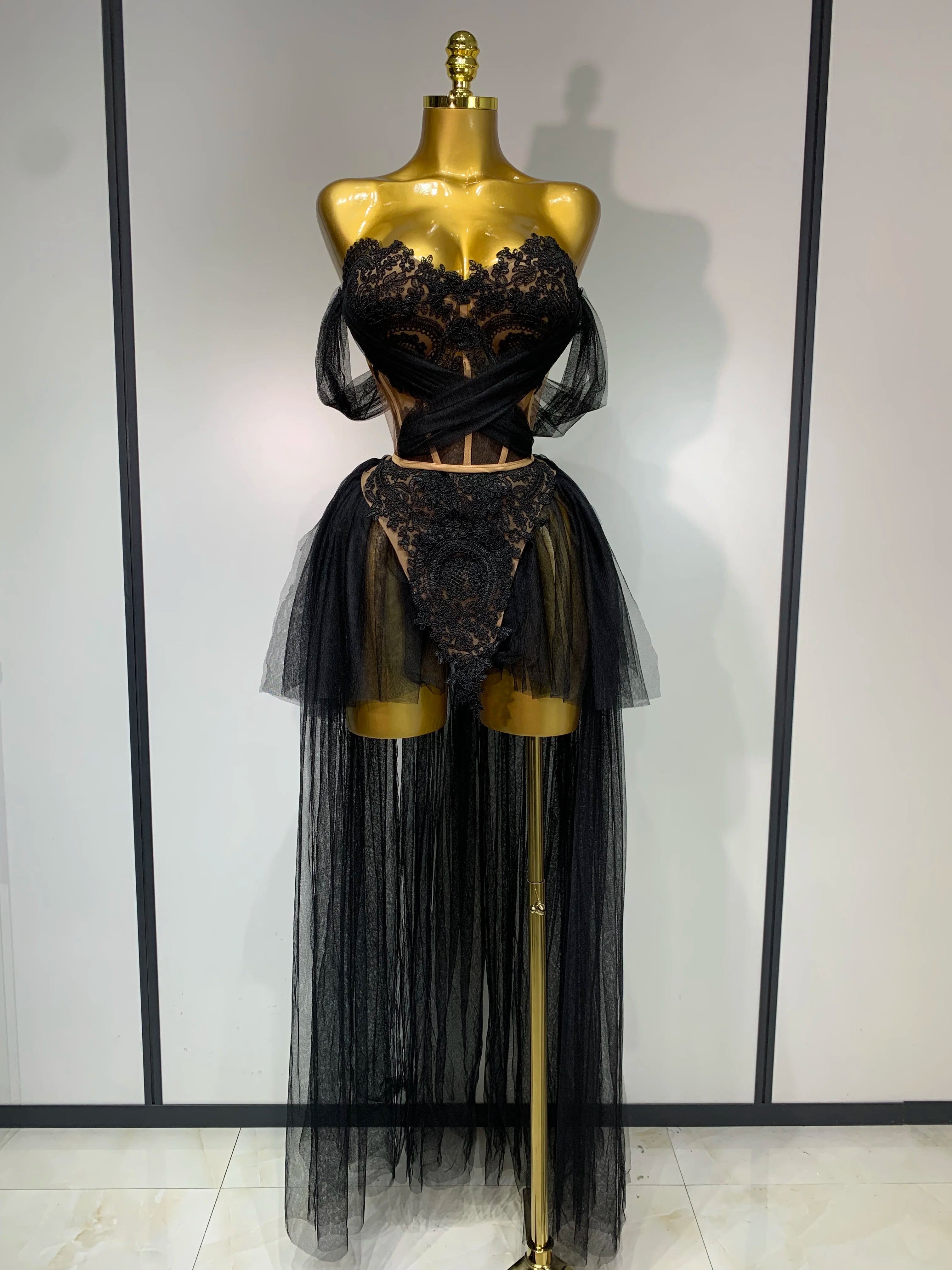 Sexy Backless Mesh Top Skirt Two Pieces Set Celebrate Festival Performance Costume Luxury Birthday Evening Party Design Dress