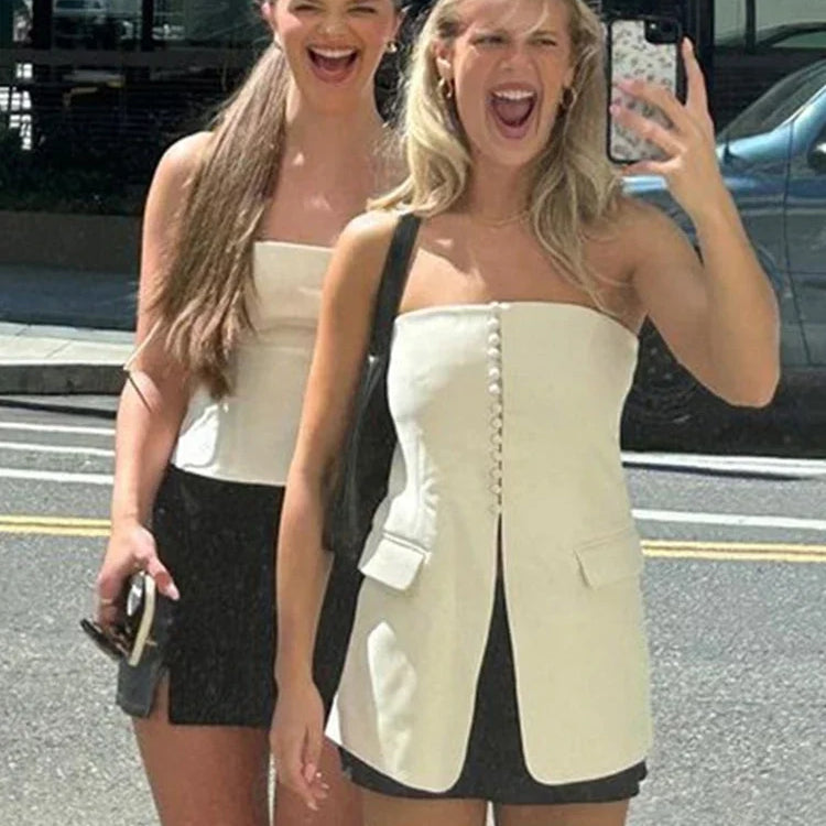 Women Strapless Split Tube Tops Sexy Corset Slim Backless Sleeveless Off Shoulder Single Breasted Vest Female Lady Top