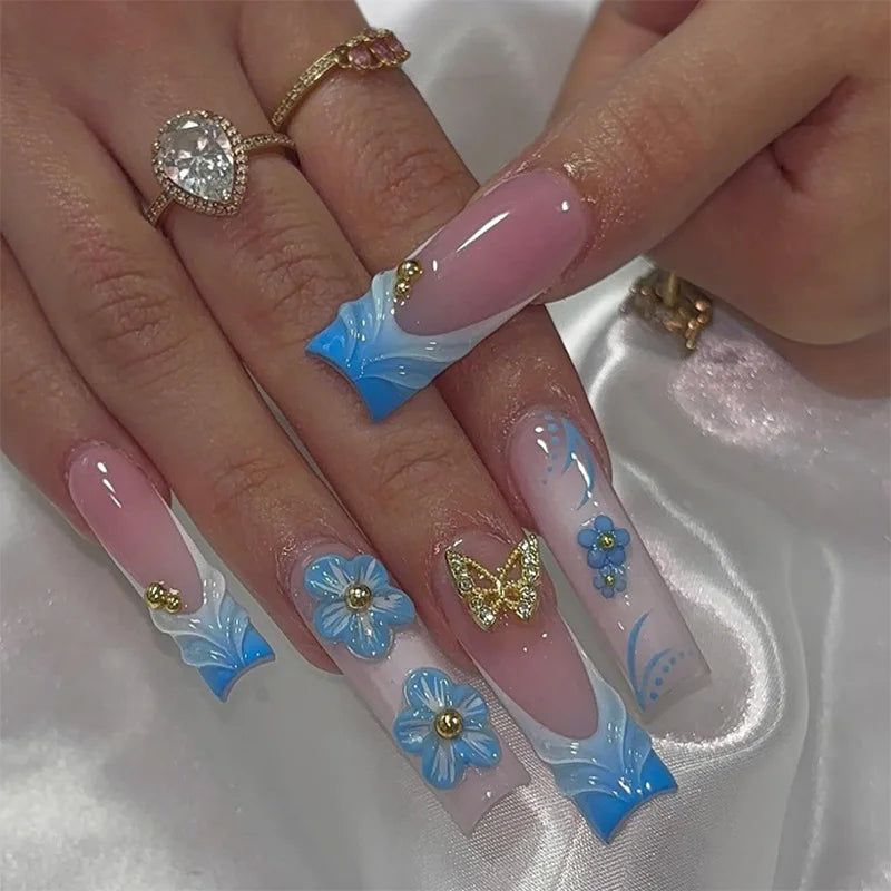 24Pcs Long Coffin Blue False Nails Set Shiny 3D Metal Butterfly Rhinestones Design Nail Tips Art Wearing French Manicure Tools