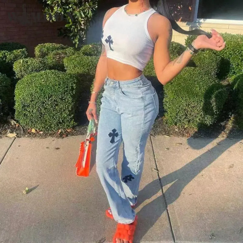 Cross Printed Baggy Jeans Women Casual Low Waist Vintage Straight Denim Trousers Cyber Y2k Goth Pants Fashion Mom Jeans