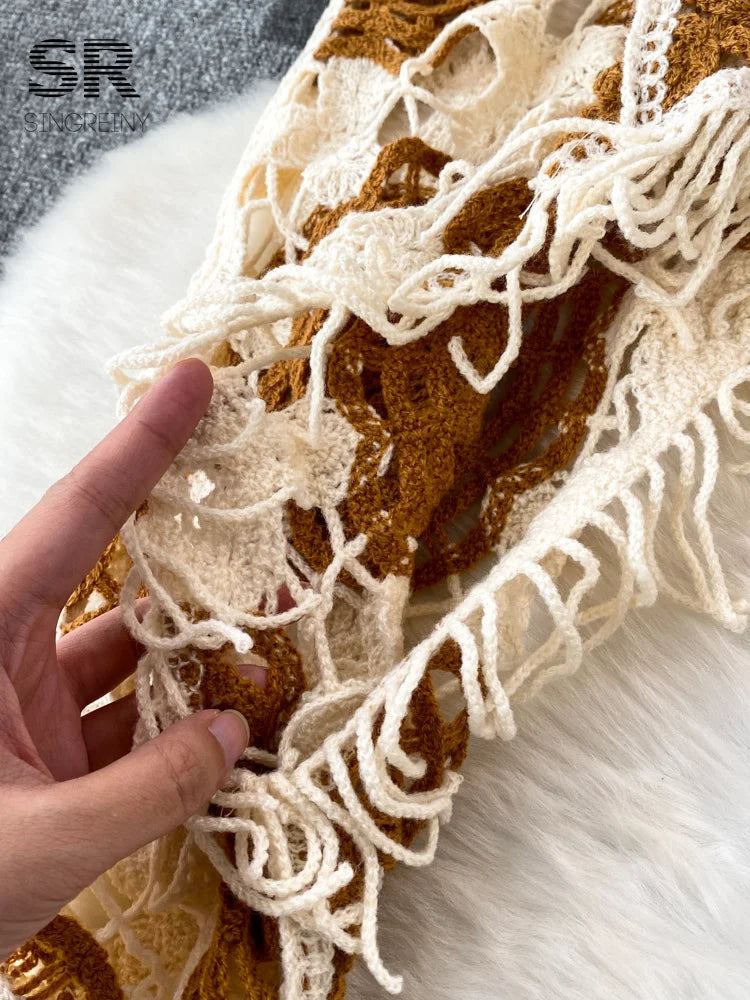 SINGREINY Sunscreen Hook Summer Knit Top Women Elegant O Neck Hollow Out Lantern Sleeve Ladies Vacation Tassel Beach Blouse