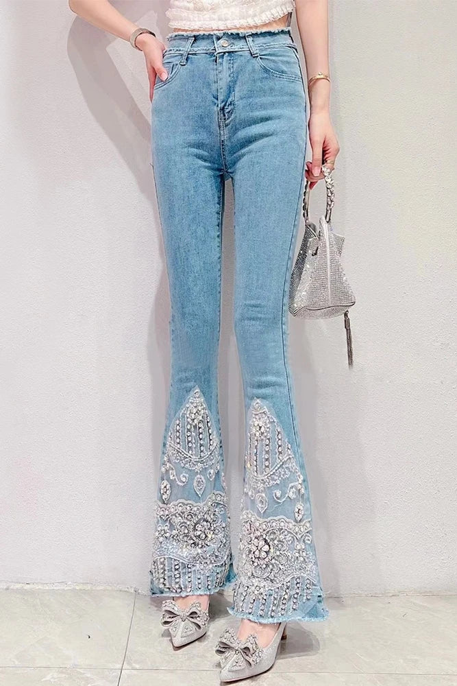 Women Jeans Summer New Korean Style Sweet Heavy Beads Luxury Rhinestone Blue Jeans Elegant Slimmin Bootcut Pants Fashion
