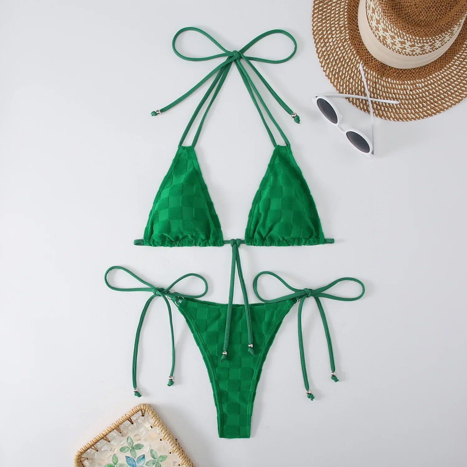 New Style Bikinis Set Sexy Solid Plaid Bikini Swimsuit Push Up Swim Swimwear 2 Piece Colorful Biquinis Green