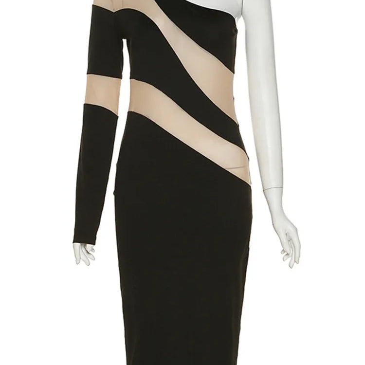 CNYISHE One Shoulder Mesh Sheer Midi Dress for Women Party Club Elegant Dresses Autumn Fashion Streetwear Sexy Slim Dress Robes