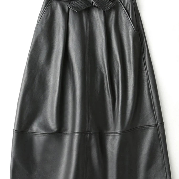 Spring Black Long Luxury Clothes for Women with Sashes High Waist A Line Midi Pu Leather Skirt Runway High Fashion 2023 Black