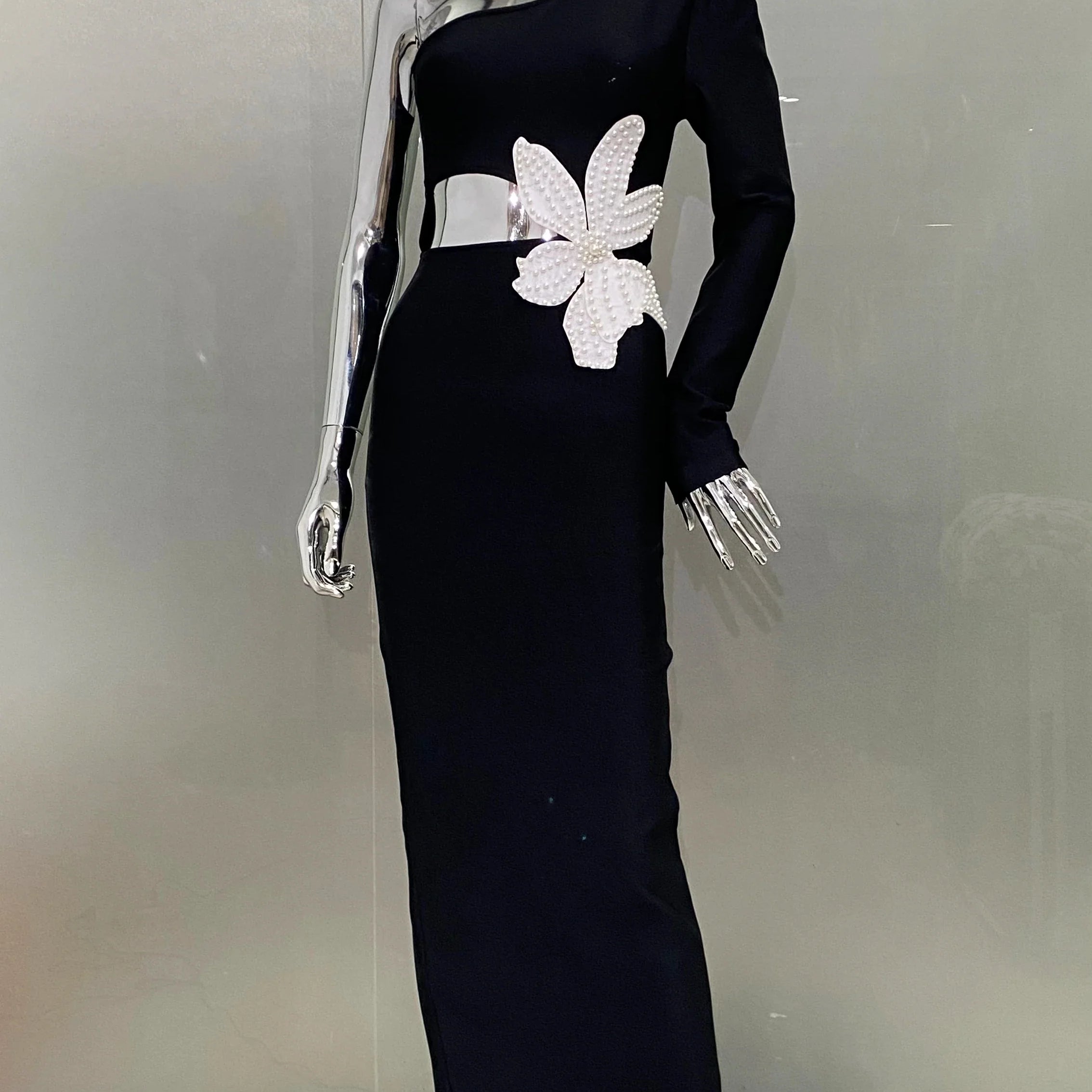 2 Colors Women Sexy One SHoulder Beading Florals Bodycon Bandgae Long Dress Celebrate Fashion Evening Party Birthday Dress