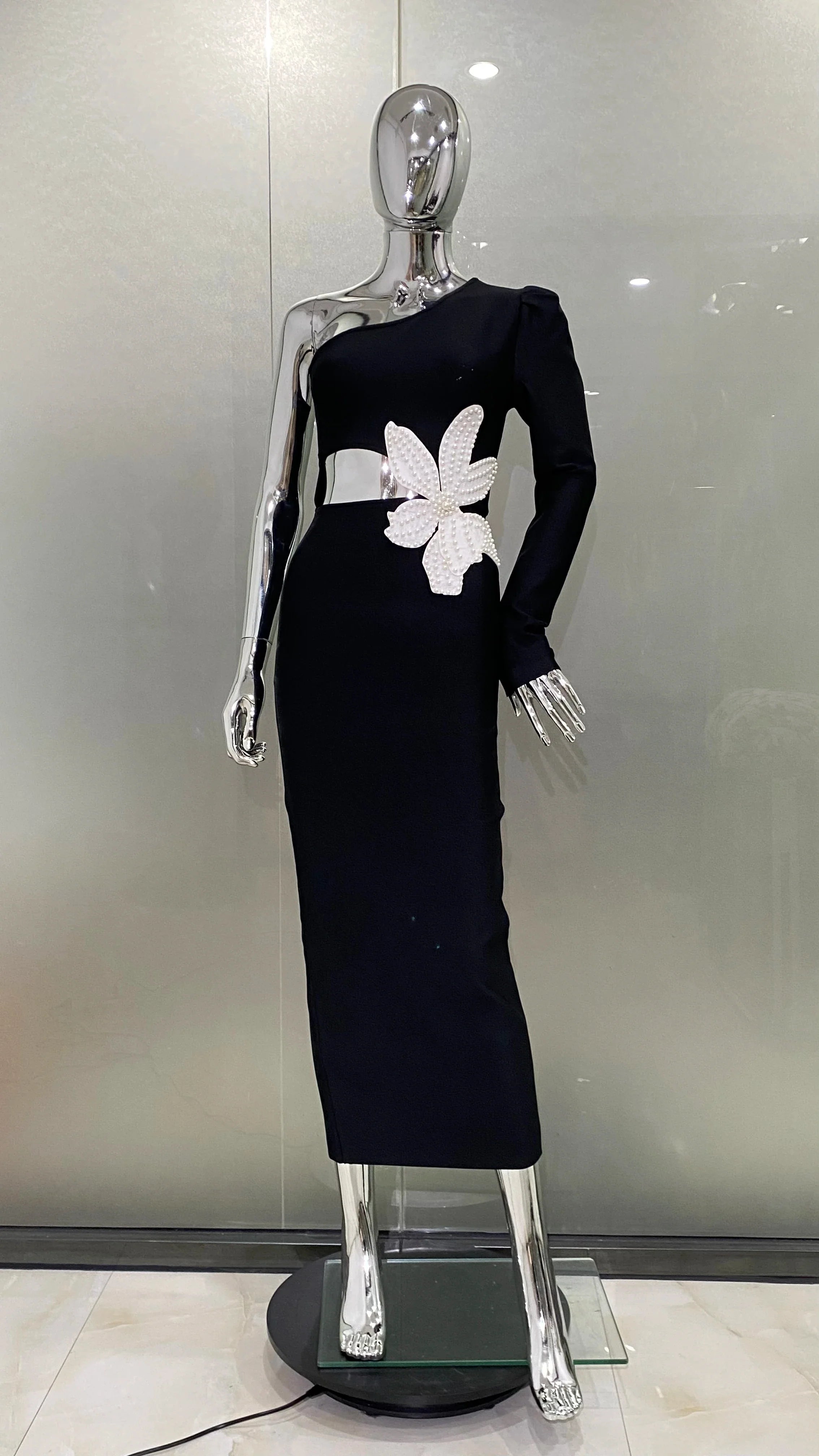 2 Colors Women Sexy One SHoulder Beading Florals Bodycon Bandgae Long Dress Celebrate Fashion Evening Party Birthday Dress