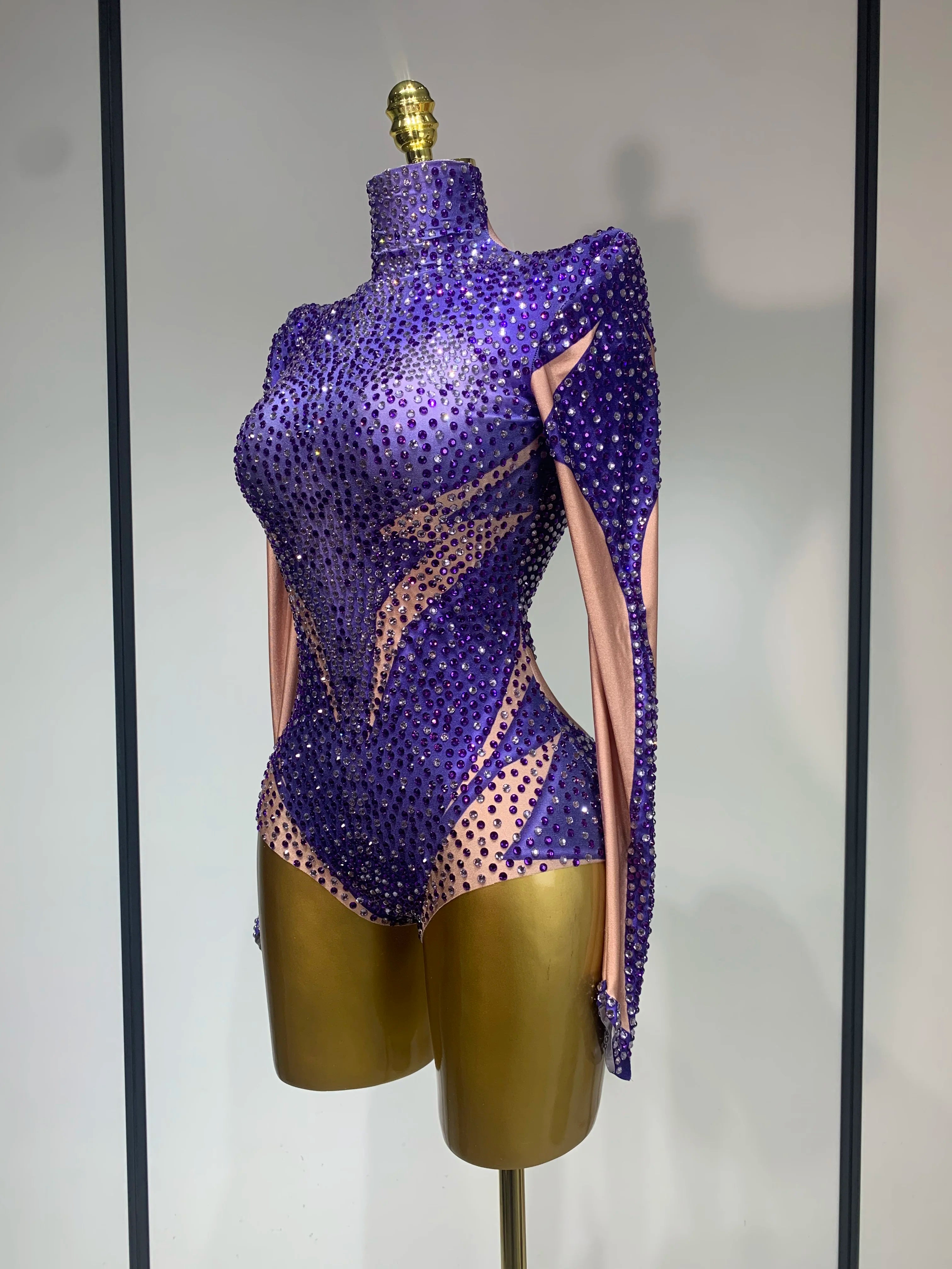High Quality Luxury Rhinestone Elastic Long Sleeved Bodysuit 2025 Club Singer Dancer Stage Performa Costume Evening Party Outfit