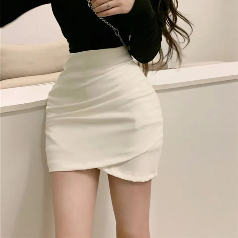 Korean Fashion Mini Skirt Women Solid High Waist Irregular Folds Hip Wrap Pencil Skirt Ladies Sexy Slim Short Skirts