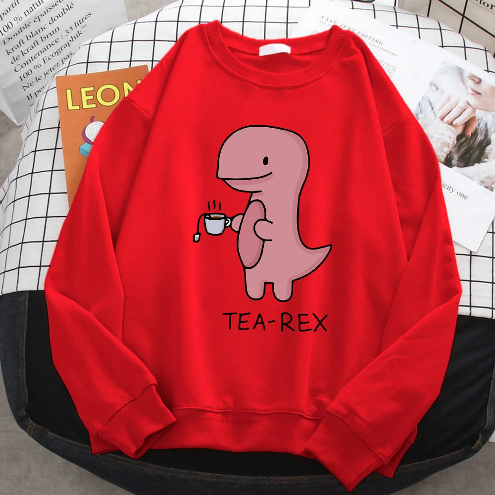 Autumn Funny Sweatshirts For Women Funny Dinosaur Drink Coffee Printing Hoodies Fleece Soft Pullovers Loose Warm Ladies Clothing Red
