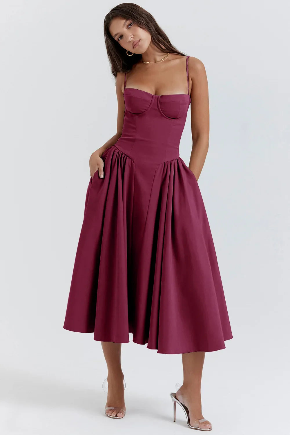 Women Sexy Solid Sling Midi Dress Fashion Sleeveless Backless Pleated Hem Dresses Summer Female Party Evening A-line Robes Plum Red