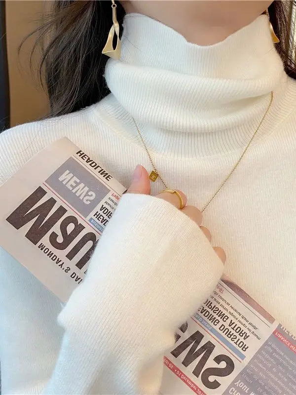 Women Turtleneck Sweaters Casual Soft Long Sleeve Pullovers Elastic Jumpers Knitwear Slim Basic Sweater For Women Autumn Winter WHITE One Size