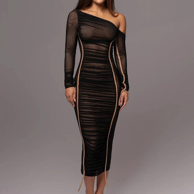 Mozision Diagonal Collar Long Sleeve Midi Dress For Women Two Layer Mesh Backless Ruched Bodycon Club Party Sexy Long Dress Black