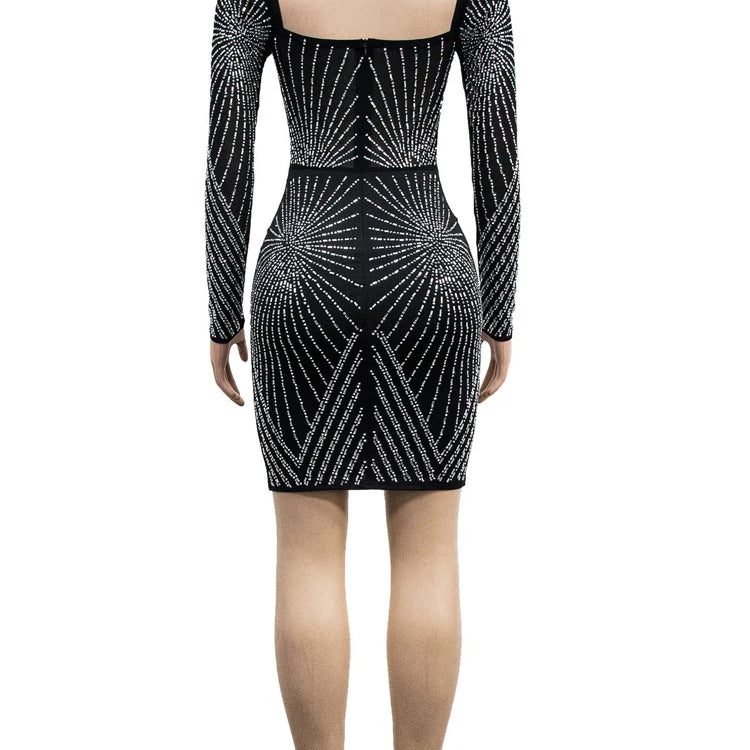 Luxury Geometric Black Rhinestone Short Party Dresses Robe Femme Women Elegant Sequin Bodycon Night Dress Sexy Clubwear